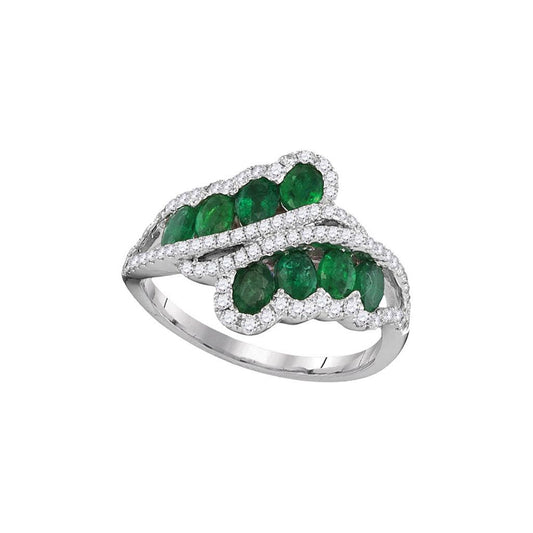 18k White Gold Oval Emerald Diamond Bypass Band Ring 2 Cttw