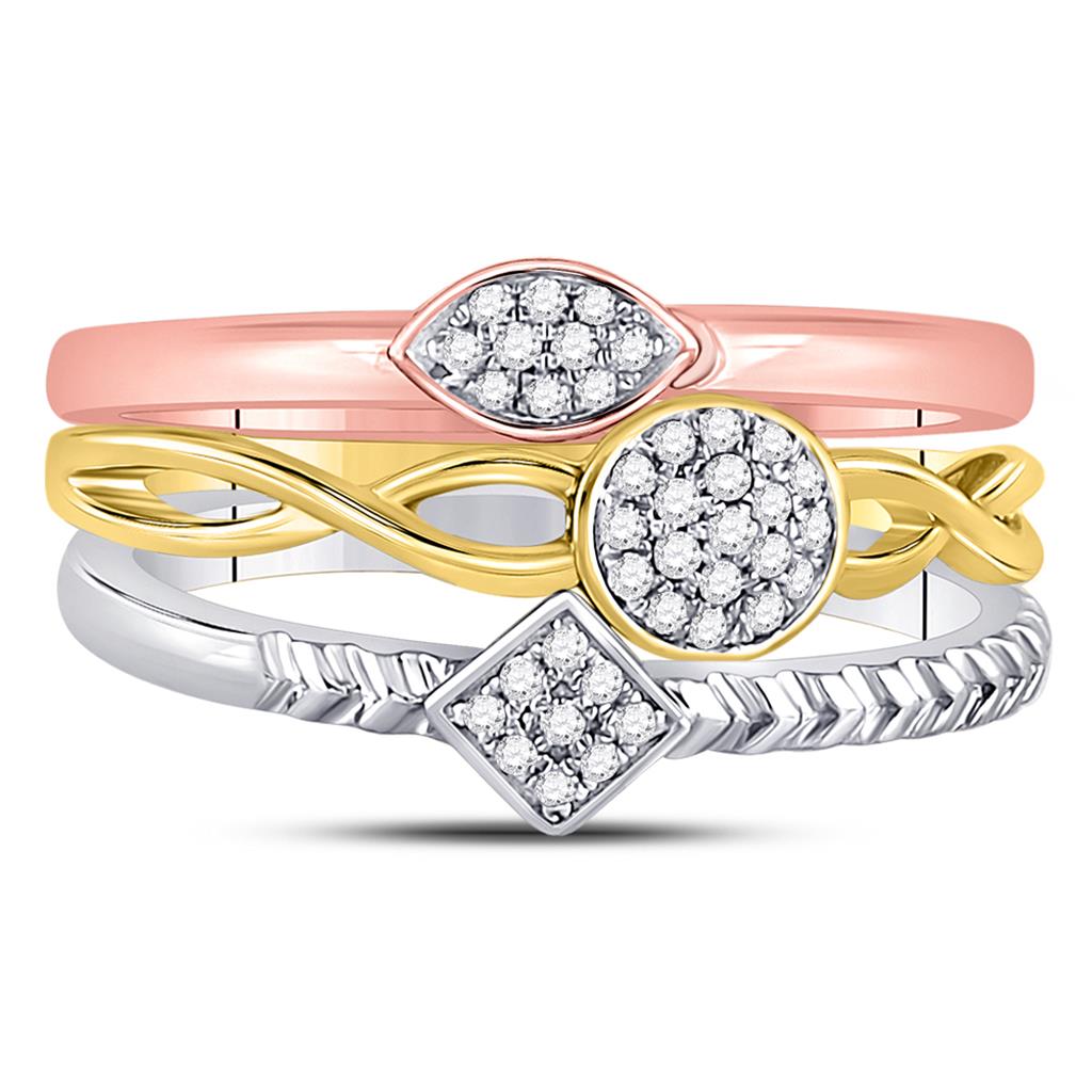 10k Tri-Tone Gold Round Diamond 3-Piece Stackable Band Ring Set 1/6 Cttw