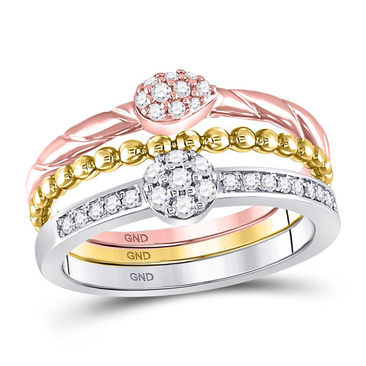 10k Tri-Tone Gold Round Diamond Trio Stackable Band Ring Set 1/3 Cttw