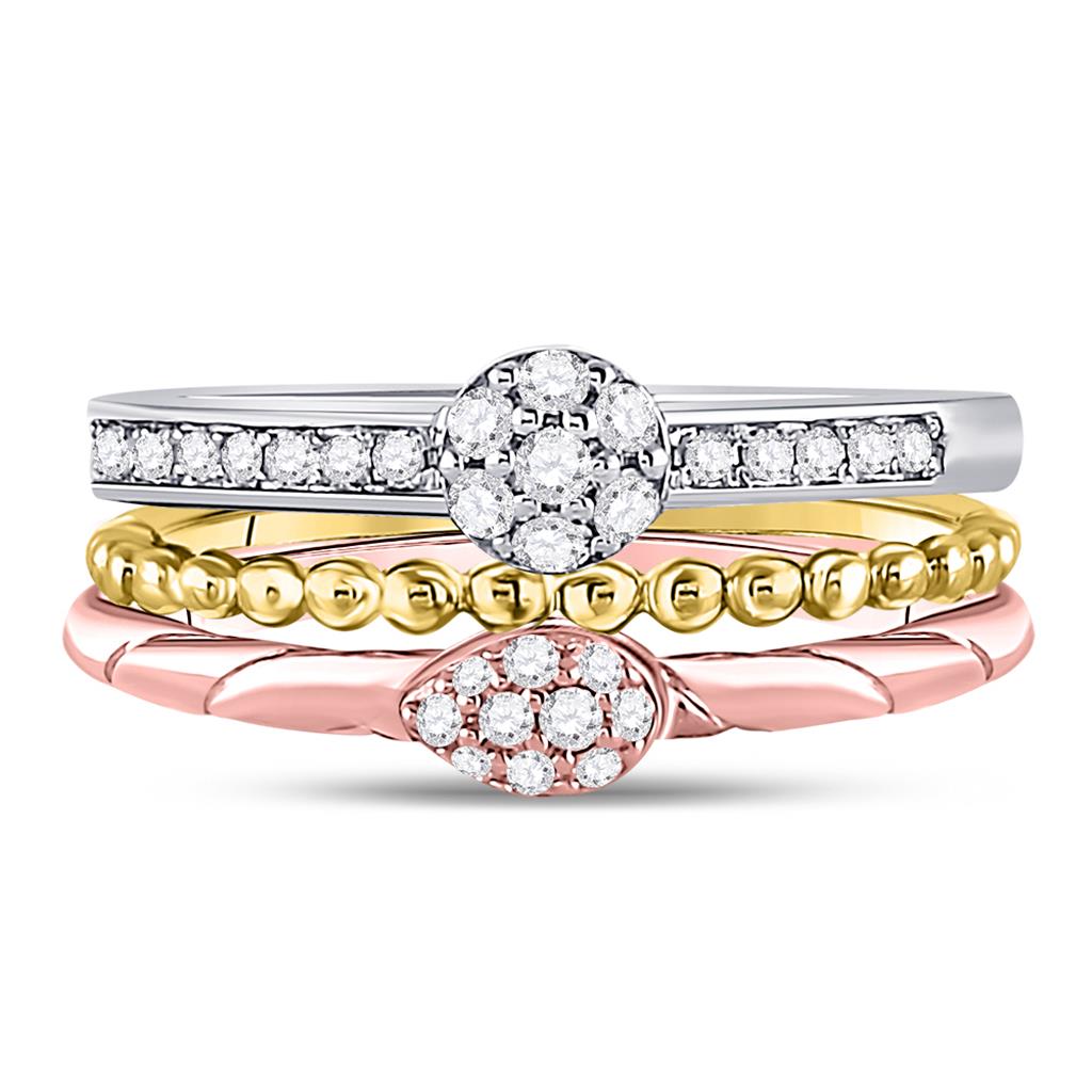 10k Tri-Tone Gold Round Diamond Trio Stackable Band Ring Set 1/3 Cttw