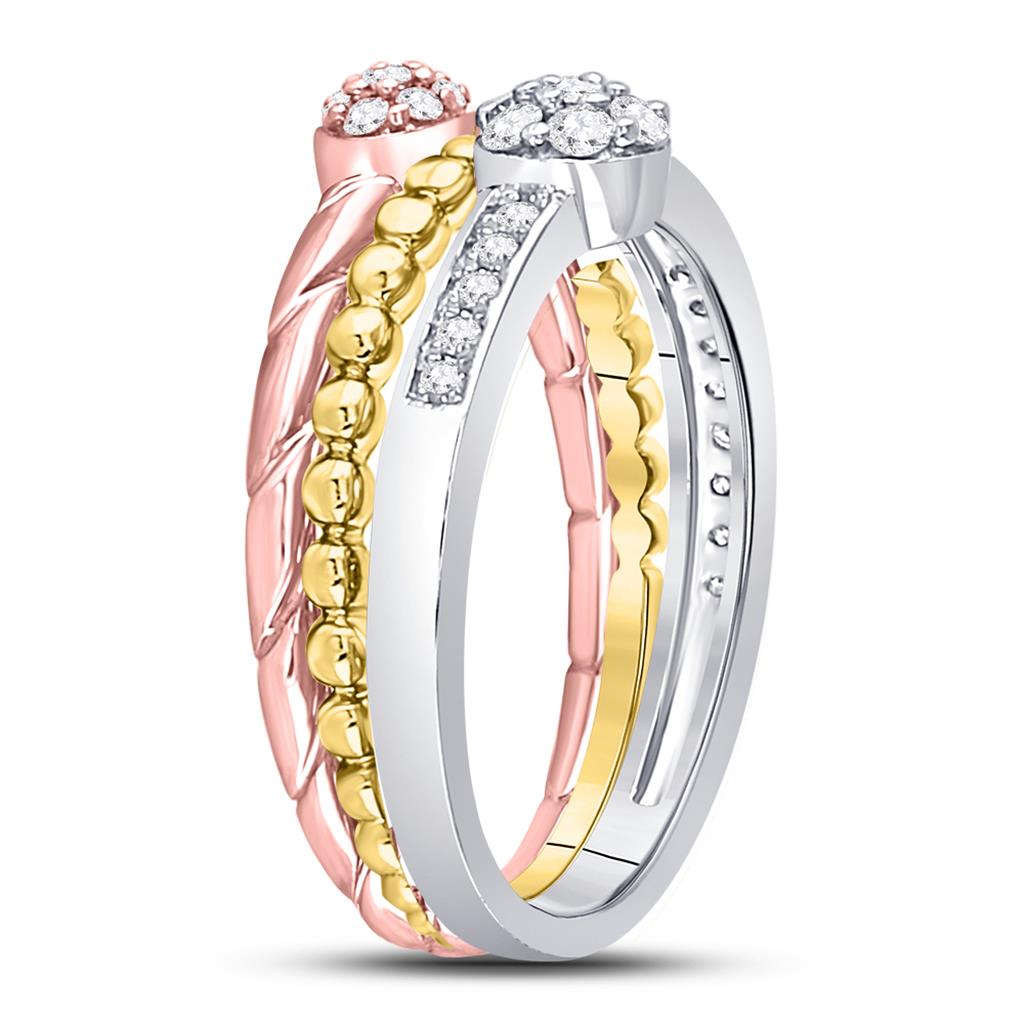 10k Tri-Tone Gold Round Diamond Trio Stackable Band Ring Set 1/3 Cttw