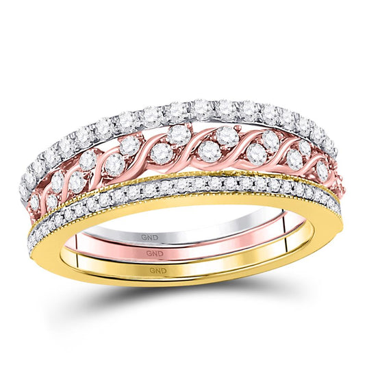 10k Tri-Tone Gold Round Diamond Trio Stackable Band Ring Set 3/4 Cttw