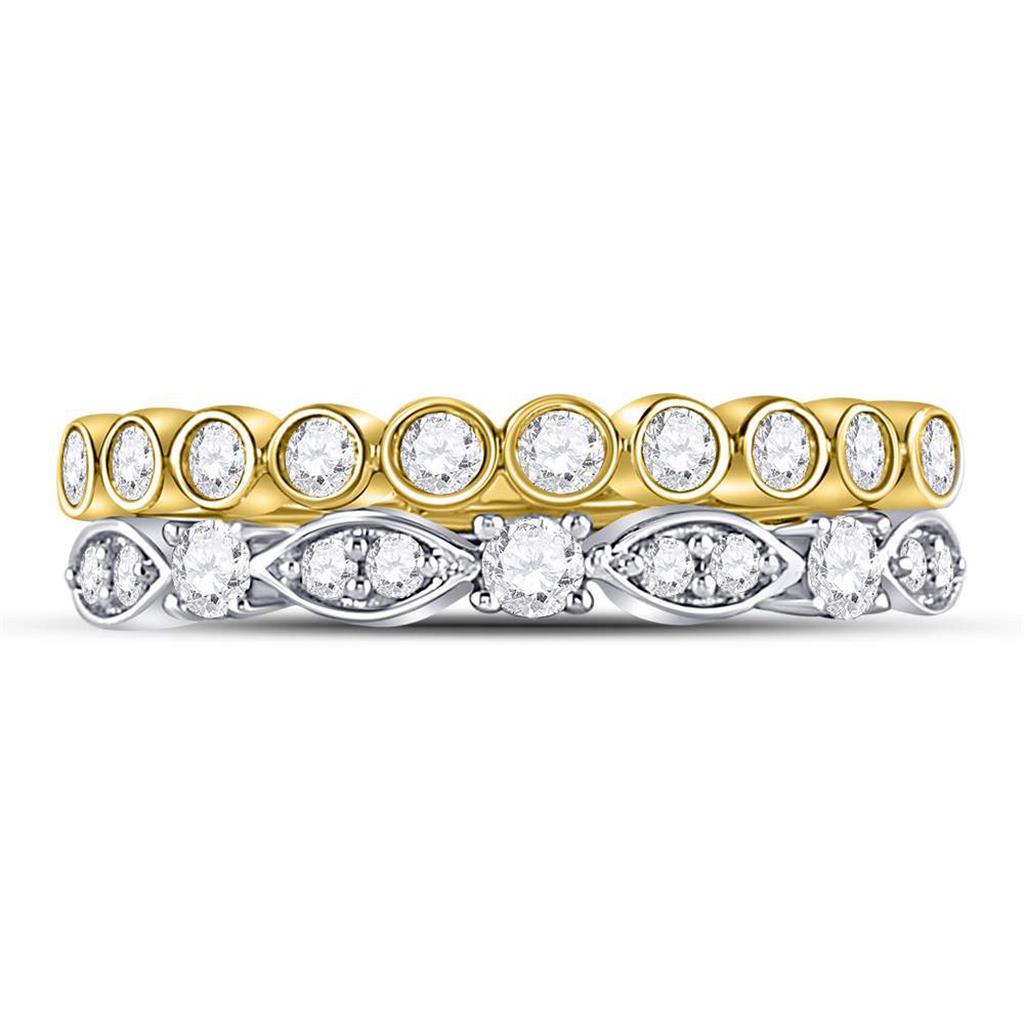 10k Two-tone Gold Round Diamond 2-piece Stackable Band Ring 1/2 Cttw