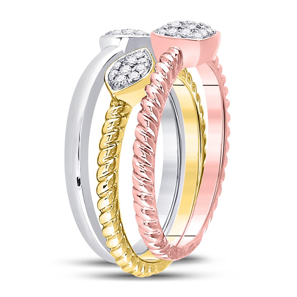 10k Tri-Tone Gold Round Diamond Trio Stackable Band Ring Set 1/5 Cttw