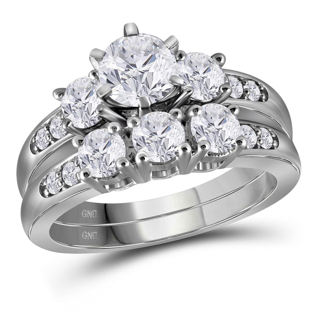 14k White Gold Round Diamond 3-Stone Bridal Wedding Ring Set 2 Cttw