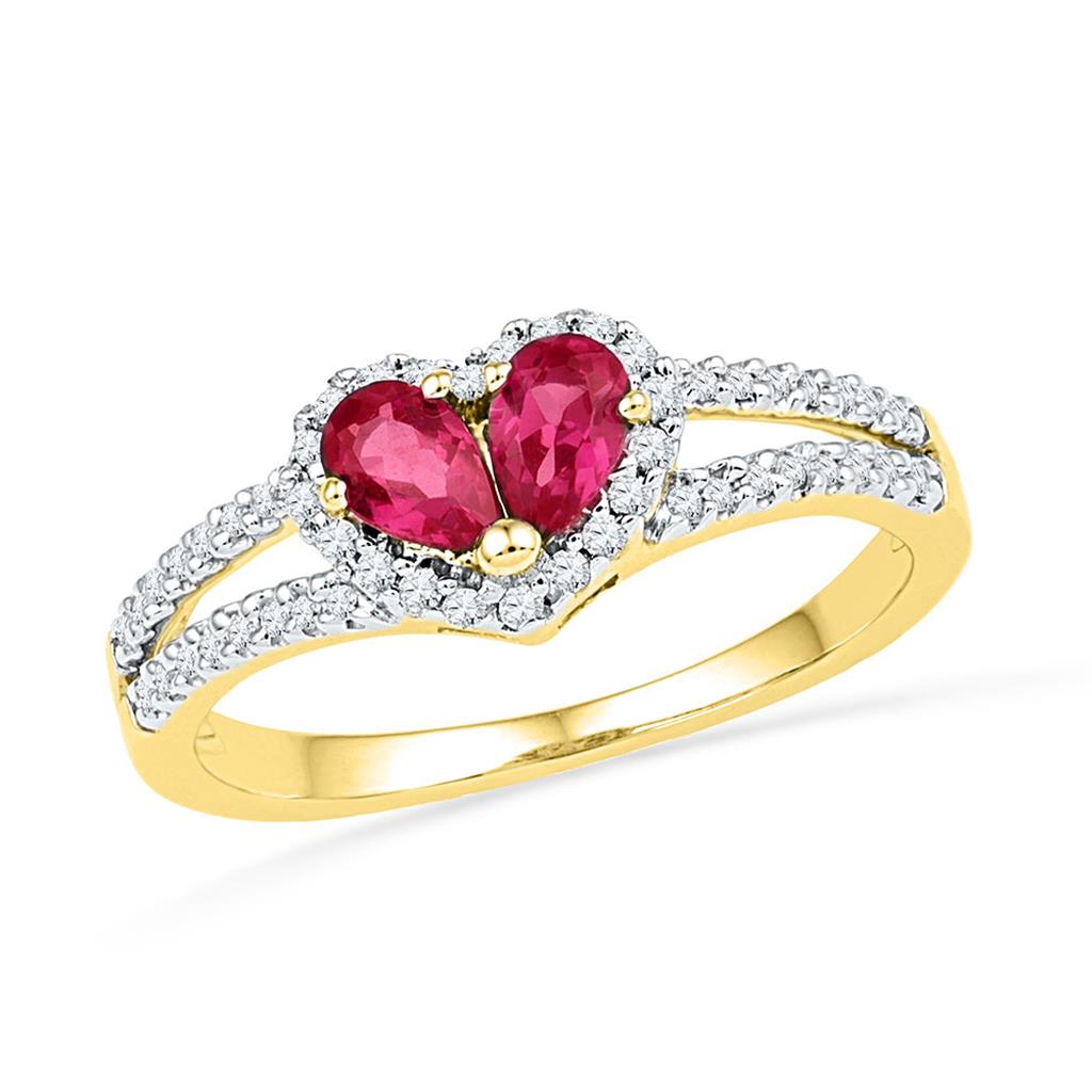 10k Yellow Gold Pear Created Ruby Heart Split-shank Ring 3/4 Cttw