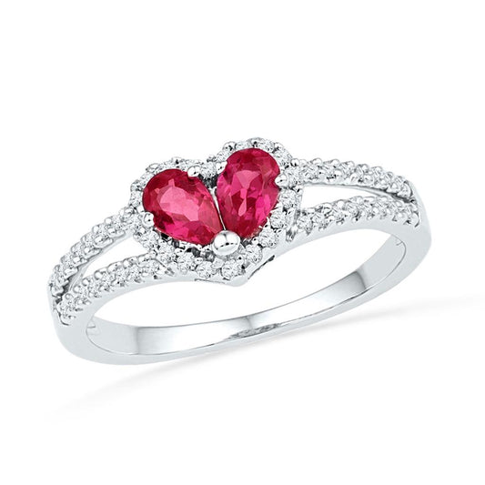 14k White Gold Pear Created Ruby Heart Split-shank Ring 3/4 Cttw