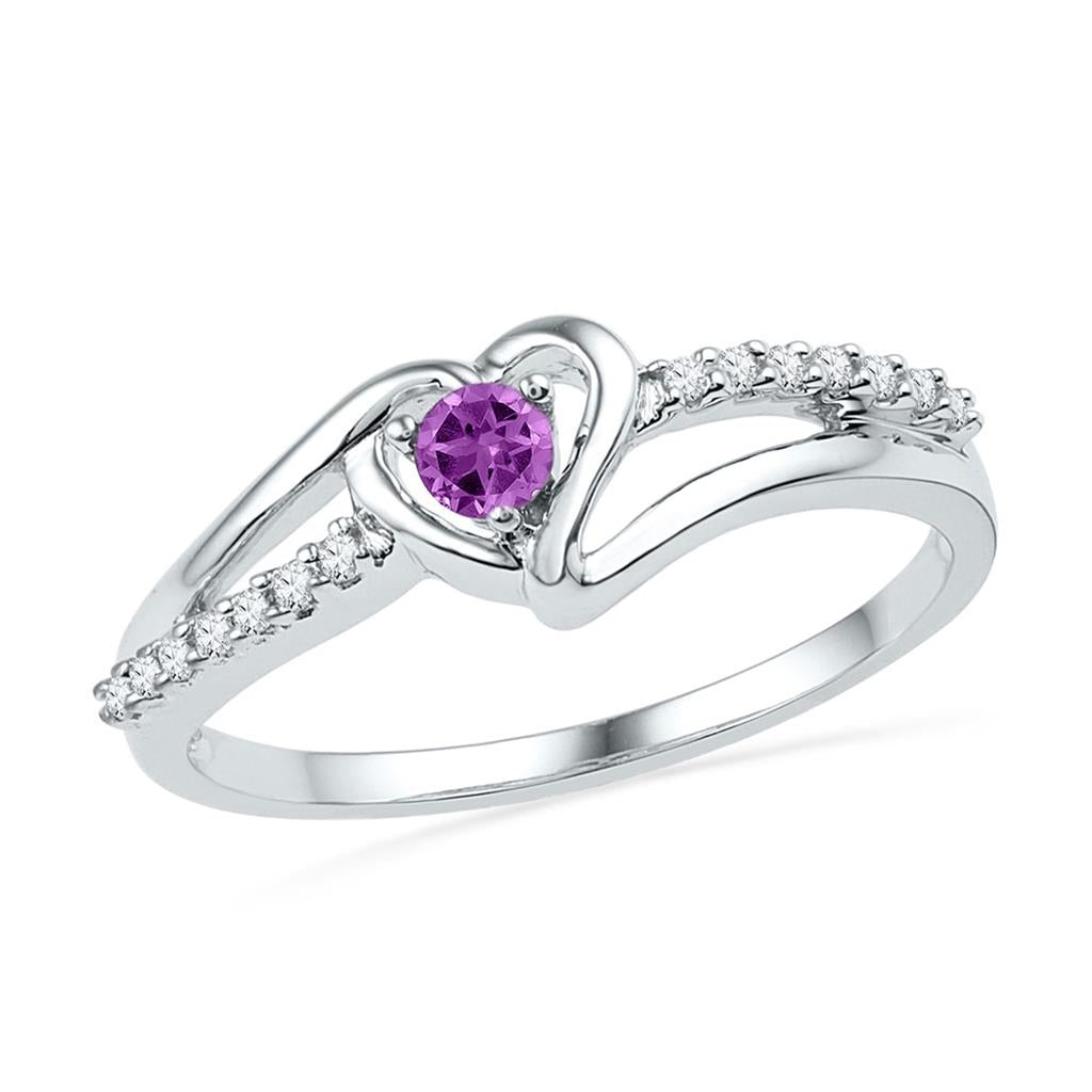 14k White Gold Created Amethyst Heart Ring 1/5 Cttw