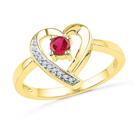 10k Yellow Gold Round Created Ruby Heart Ring 1/4 Cttw