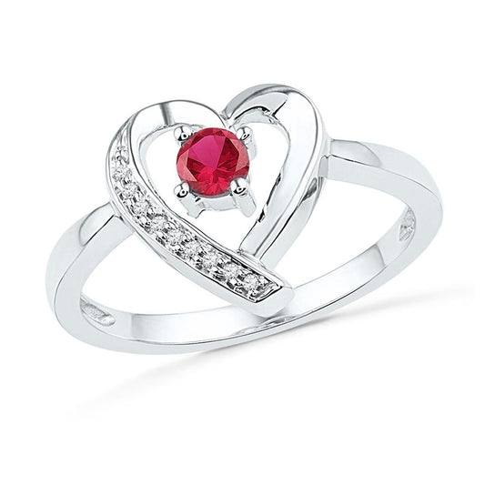 14k White Gold Round Created Ruby Heart Ring 1/4 Cttw