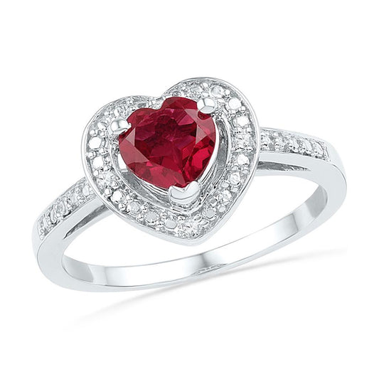 14k White Gold Round Created Ruby Heart Ring 1 Cttw