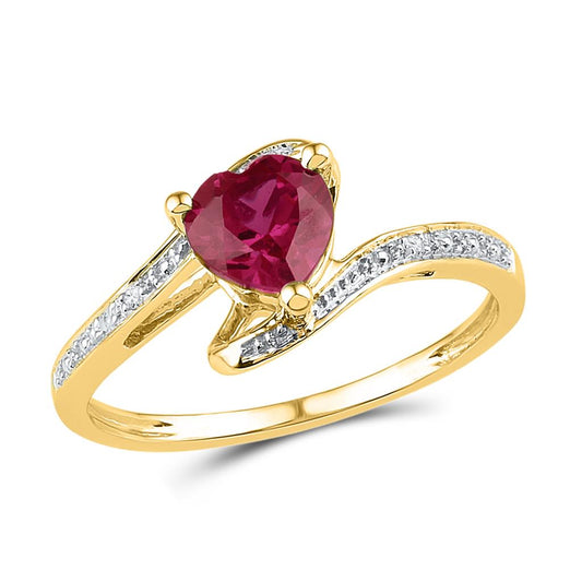 10k Yellow Gold Heart Created Ruby Solitaire Diamond Bypass Ring 1 Cttw