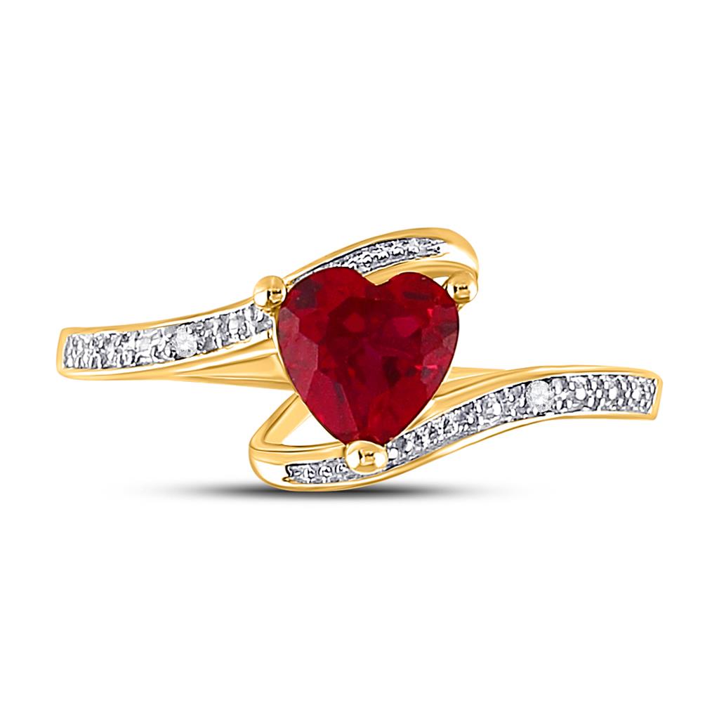 10k Yellow Gold Heart Created Ruby Solitaire Diamond Bypass Ring 1 Cttw