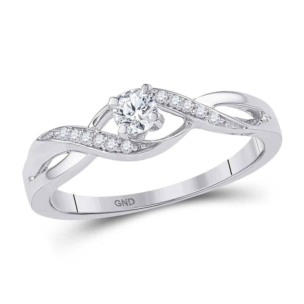 14k White Gold Round Diamond Solitaire Crossover Twist Promise Ring 1/6 Cttw