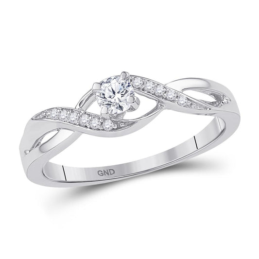 14k White Gold Round Diamond Solitaire Crossover Twist Promise Ring 1/6 Cttw