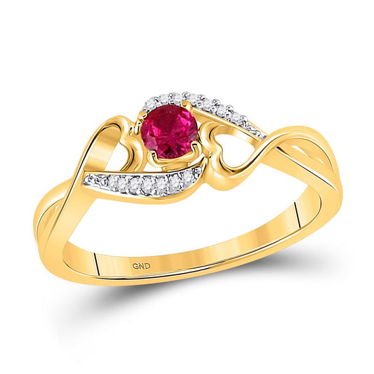 10k Yellow Gold Round Created Ruby Heart Ring 1/5 Cttw