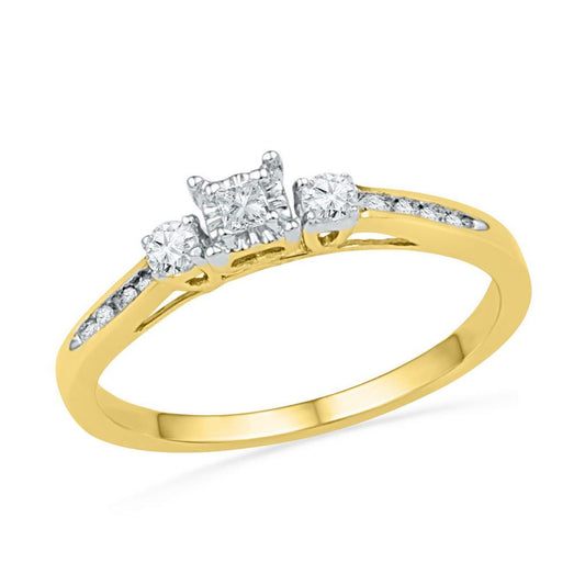 10k Yellow Gold Princess Round Diamond 3-stone Bridal Engagement Ring 1/6 Cttw