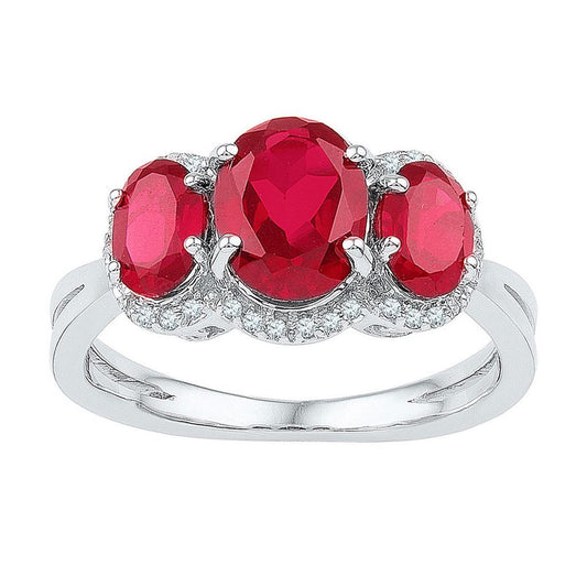 14k White Gold Oval Created Ruby 3-stone Diamond Ring 2-3/4 Cttw