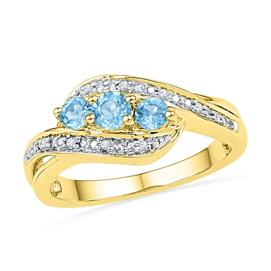 10k Yellow Gold Round Created Blue Topaz 3-stone Diamond Ring 1/2 Cttw