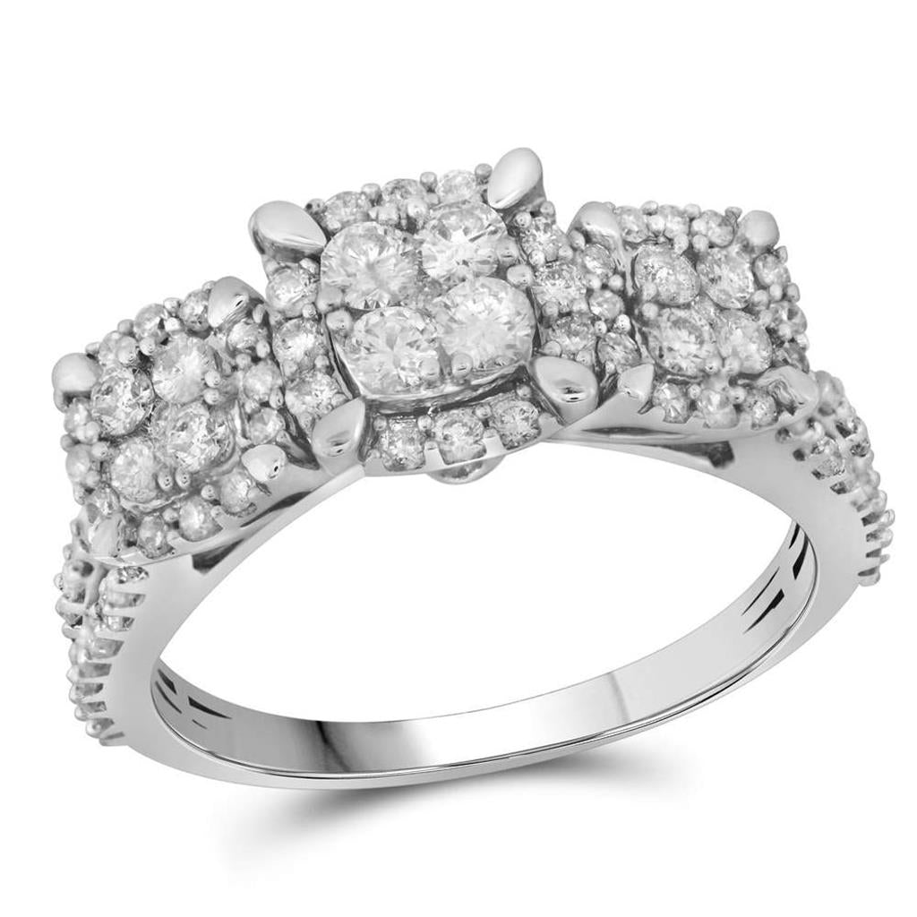 14k White Gold Round Diamond Triple Cluster Bridal Engagement Ring 1 Cttw