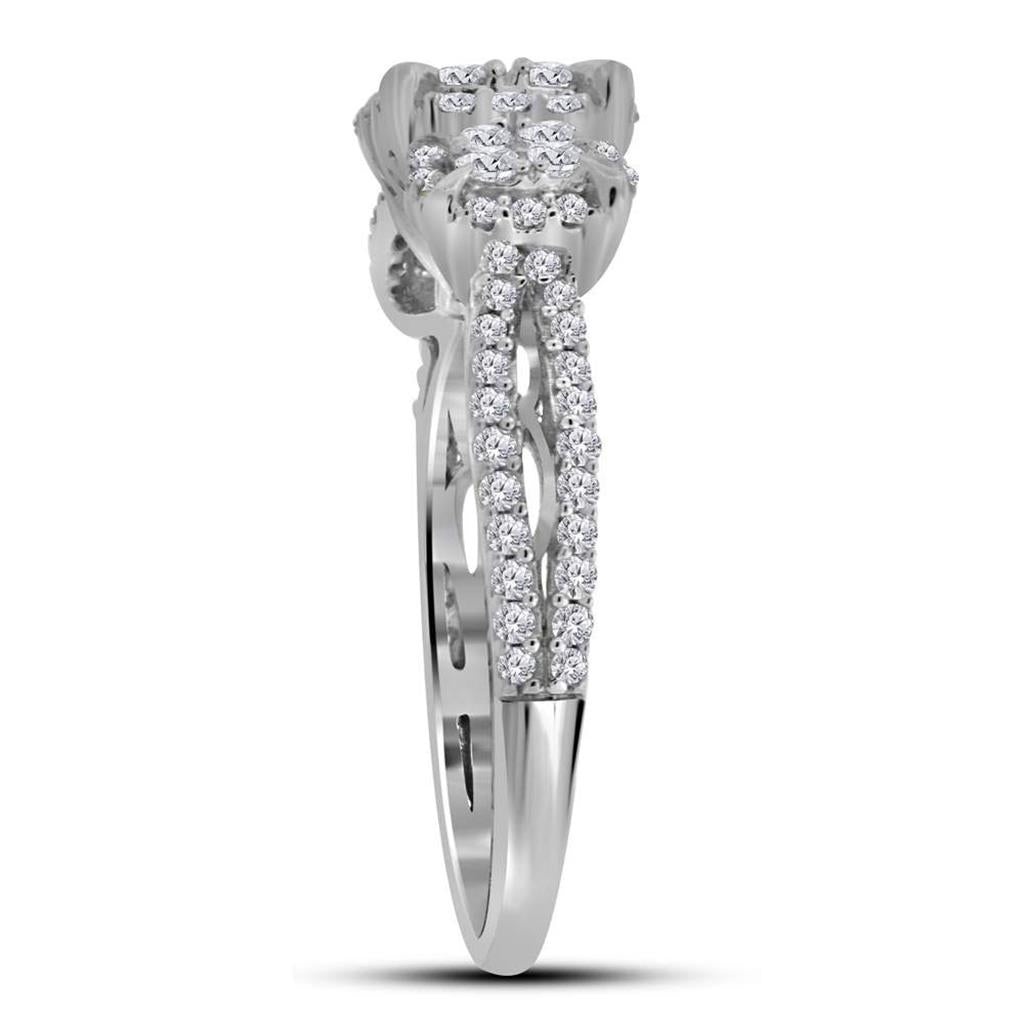 14k White Gold Round Diamond Triple Cluster Bridal Engagement Ring 1 Cttw