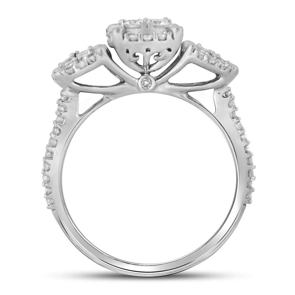 14k White Gold Round Diamond Triple Cluster Bridal Engagement Ring 1 Cttw