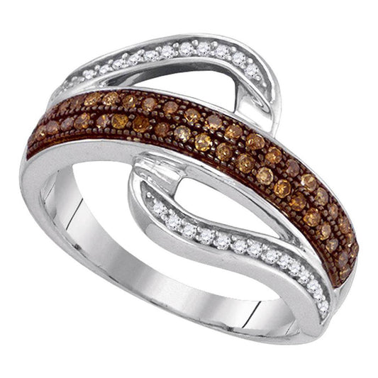 14k White Gold Round Brown Diamond Curved Band Ring 1/3 Cttw