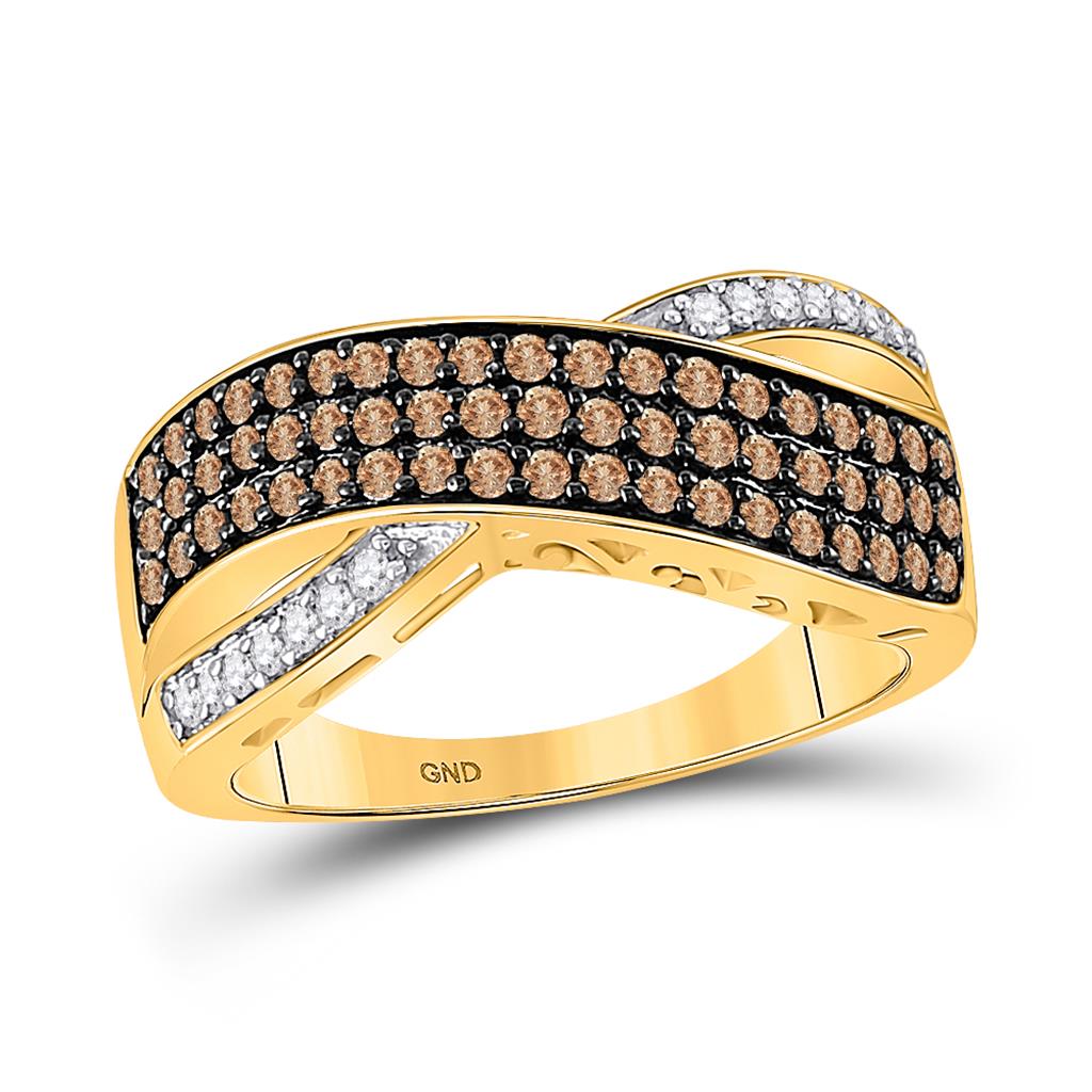 10k Yellow Gold Round Brown Diamond Crossover Band Ring 3/4 Cttw