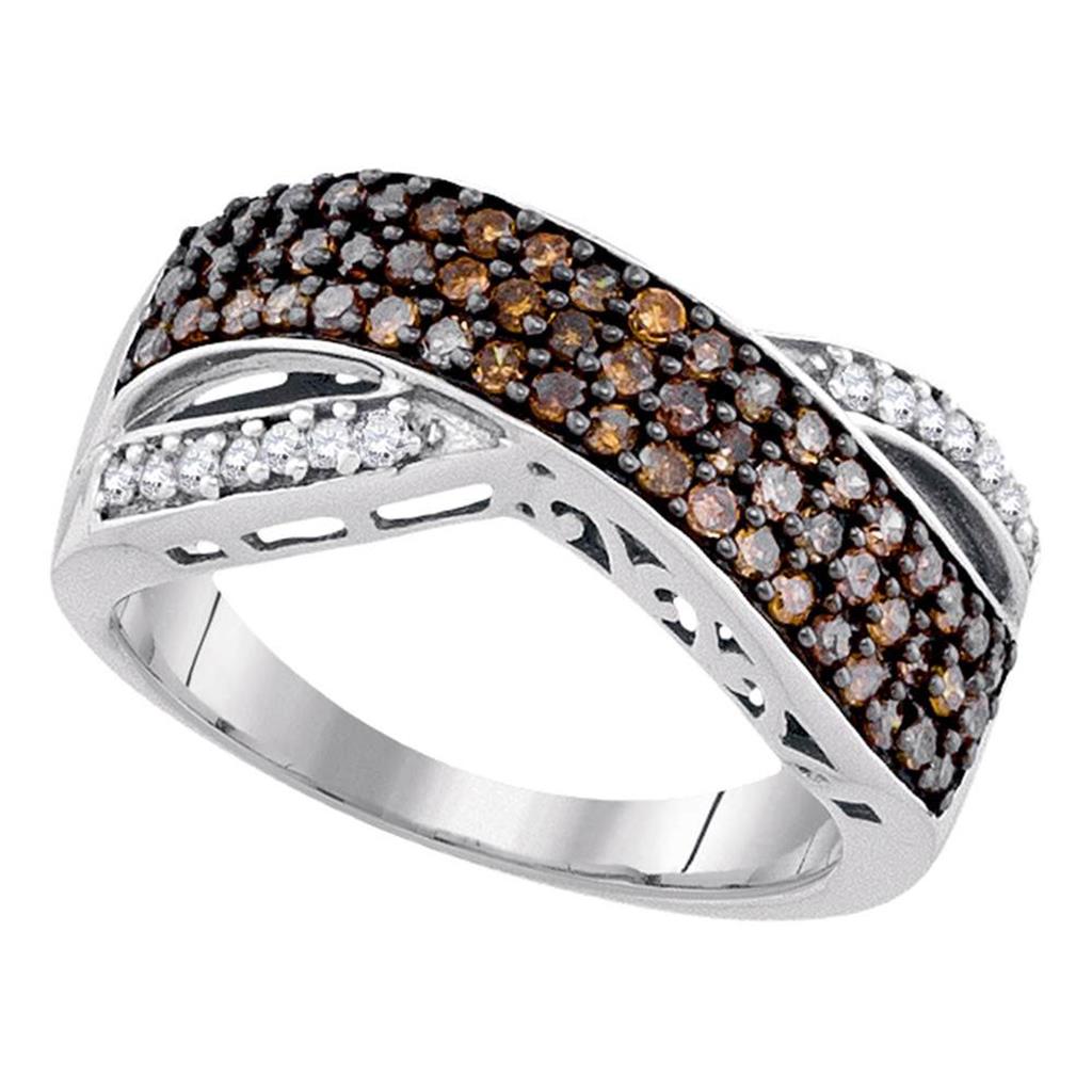 14k White Gold Round Brown Diamond Crossover Band Ring 3/4 Cttw