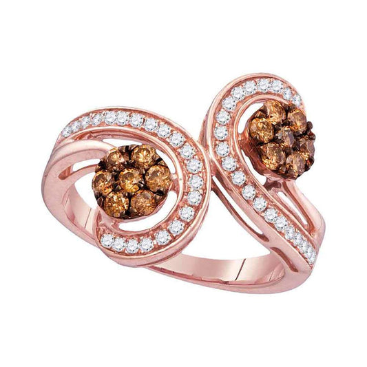 10k Rose Gold Round Brown Diamond Bypass Flower Cluster Ring 3/4 Cttw