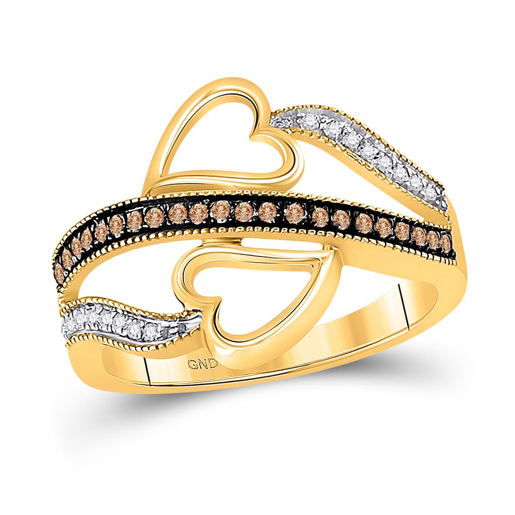 10k Yellow Gold Brown Diamond Heart Crossover Ring 1/5 Cttw