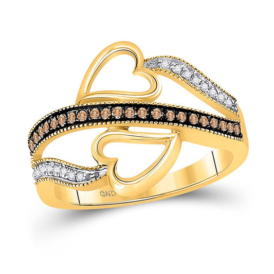 10k Yellow Gold Brown Diamond Heart Crossover Ring 1/5 Cttw