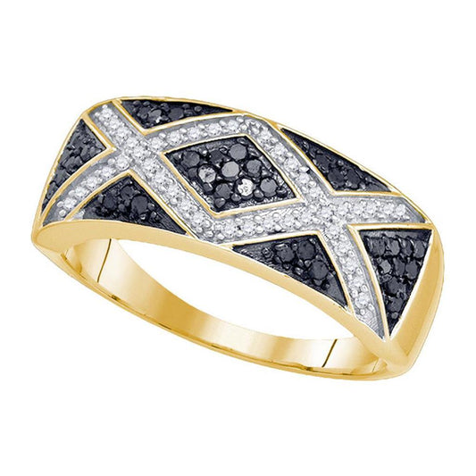 10k Yellow Gold Round Black Diamond Band Chevron Ring 3/8 Cttw