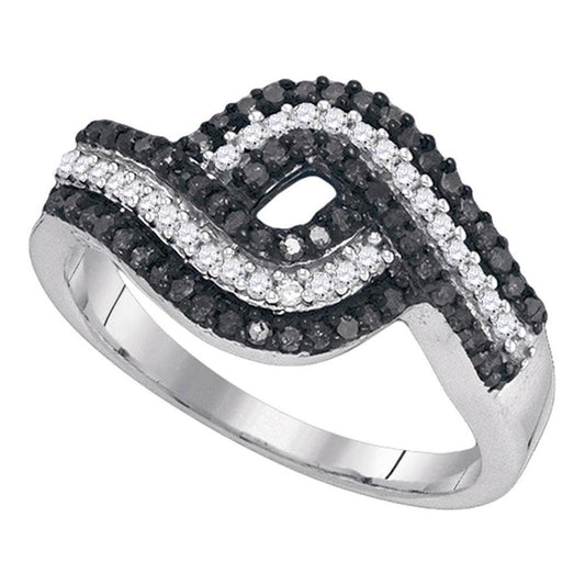 14k White Gold Black Diamond Woven Striped Cocktail Band 1/2 Cttw