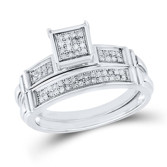 Sterling Silver Round Diamond Square Bridal Wedding Ring Set 1/5 Cttw