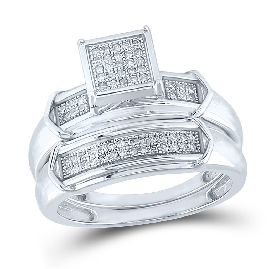 Sterling Silver Round Diamond Square Bridal Wedding Ring Set 1/5 Cttw