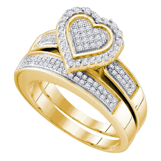 Yellow-tone Sterling Silver Round Diamond Heart Bridal Wedding Ring Set 3/8 Cttw