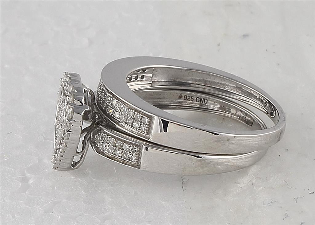 Sterling Silver Round Diamond Heart Bridal Wedding Ring Set 3/8 Cttw