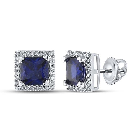 14k White Gold Princess Created Blue Sapphire Stud Earrings 2 Cttw