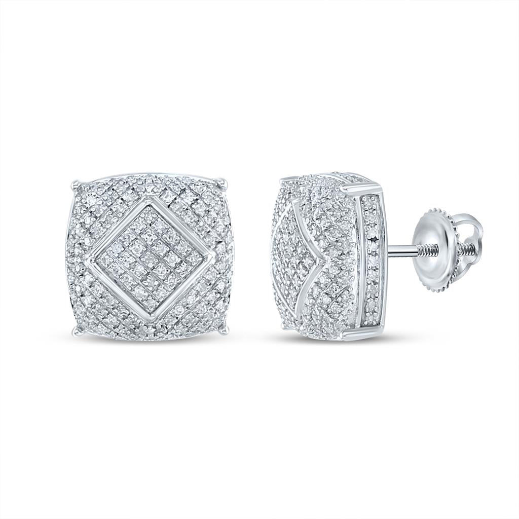 Sterling Silver Round Diamond Square Stud Earrings 1/2 Cttw