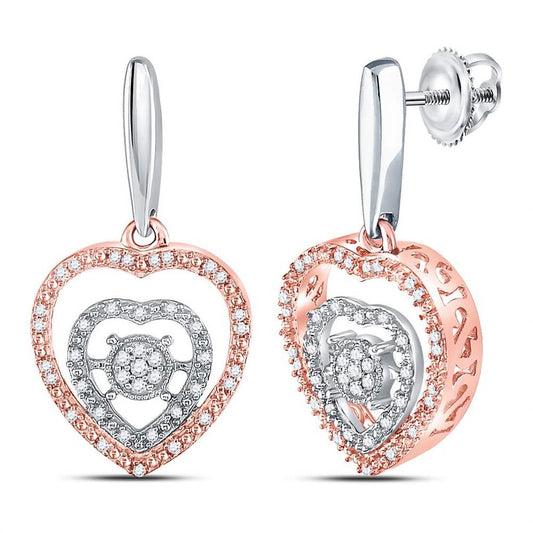 Sterling Silver Round Diamond Rose-tone Heart Dangle Earrings 1/4 Cttw