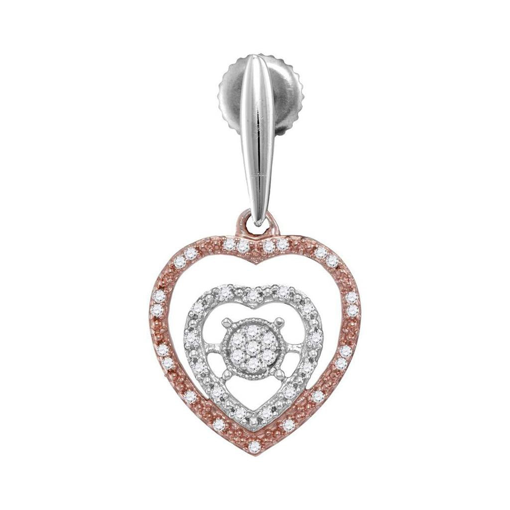 Sterling Silver Round Diamond Rose-tone Heart Dangle Earrings 1/4 Cttw