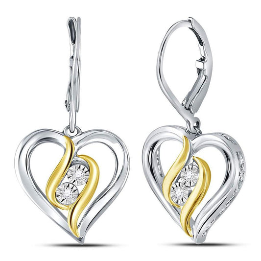 Sterling Silver Round Diamond Heart Leverback Dangle Earrings 1/20 Cttw