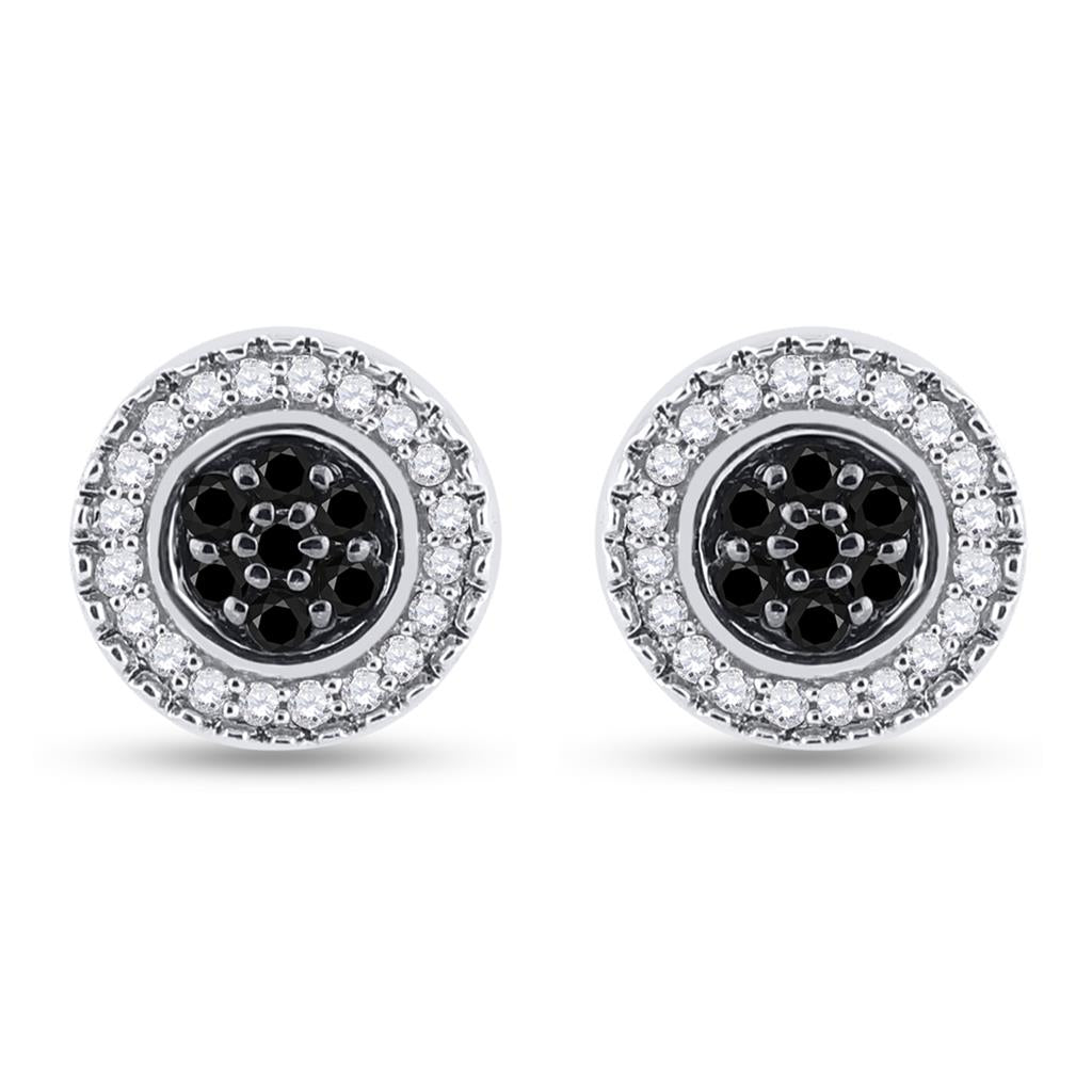 Sterling Silver Round Black Diamond Cluster Earrings 1/4 Cttw