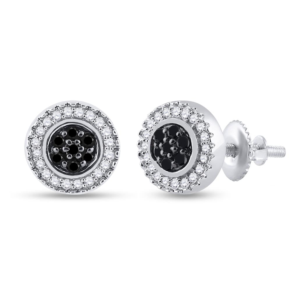 Sterling Silver Round Black Diamond Cluster Earrings 1/4 Cttw