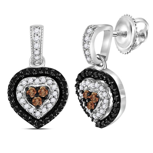 Sterling Silver Round Black Diamond Heart Dangle Earrings 1/2 Cttw