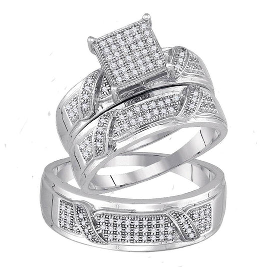 Sterling Silver Round Diamond Square Matching Wedding Ring Set 1/3 Cttw