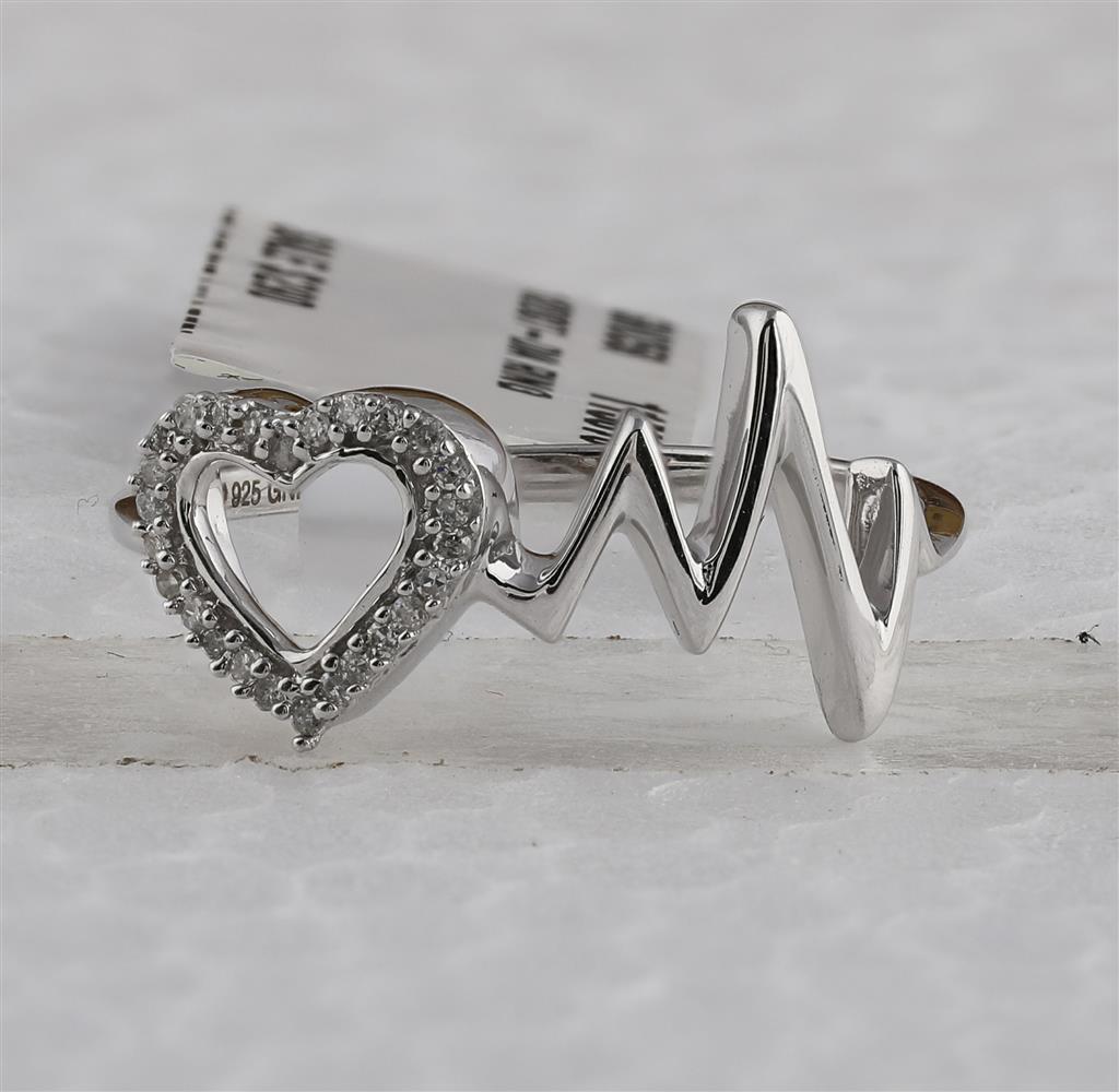 Sterling Silver Round Diamond Heart Heartbeat Ring 1/20 Cttw