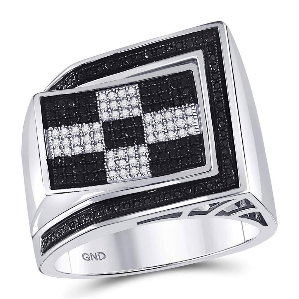 Sterling Silver Round Black Color Enhanced Diamond Checkered Ring 1/2 Cttw