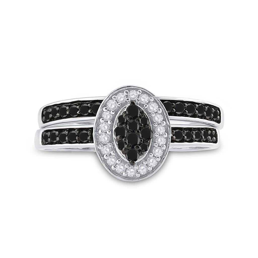 Sterling Silver Round Black Diamond Bridal Wedding Ring Set 1/2 Cttw